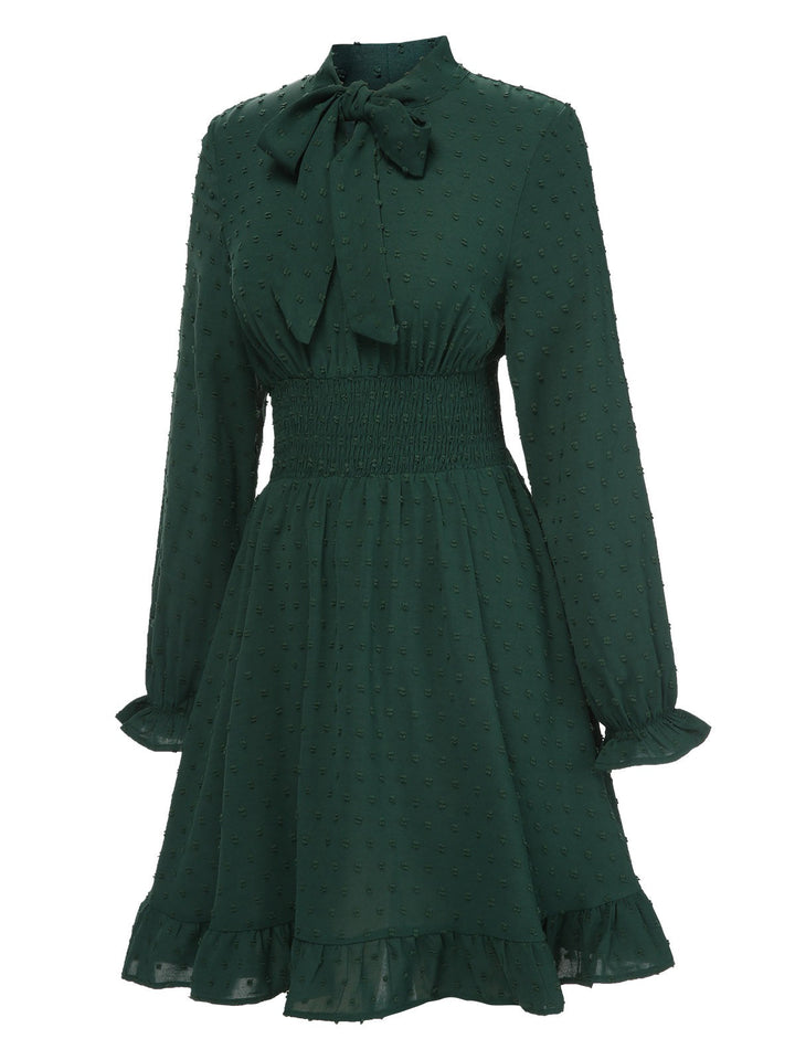 Green 1940s Solid Textured Bow Collar Dress, vintage dress, retro fashion - perfect for women who love vintage and retro fashion