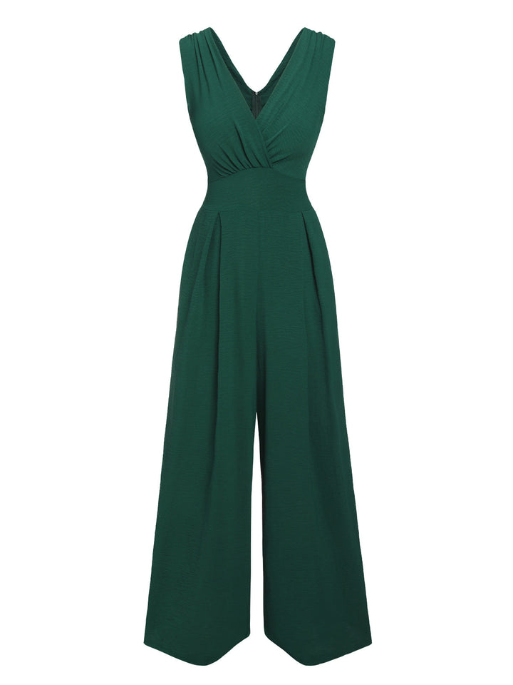 Green 1940s Solid V-Neck Wide-Leg Jumpsuit, vintage romper, retro jumpsuit - perfect for women who love vintage and retro fashion