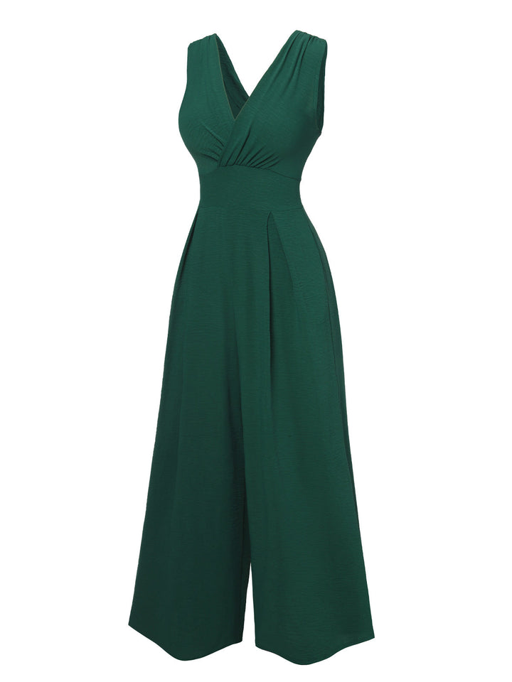 Green 1940s Solid V-Neck Wide-Leg Jumpsuit, vintage romper, retro jumpsuit - perfect for women who love vintage and retro fashion