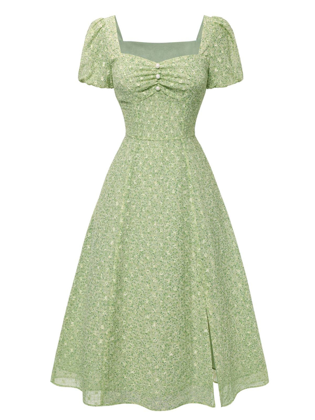 This Green 1940s Sweetheart Ditsy Floral Dress wraps her in 1940s elegance, one twirl at a time