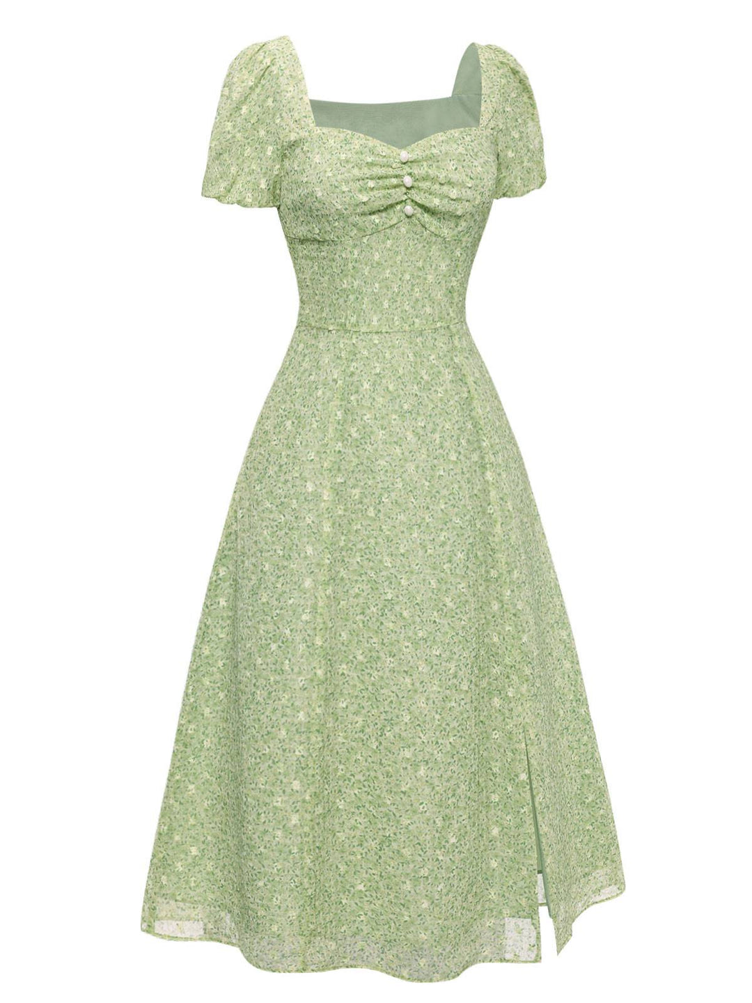 Green 1940s Sweetheart Ditsy Floral Dress — the kind of 1940s dress that makes strangers smile