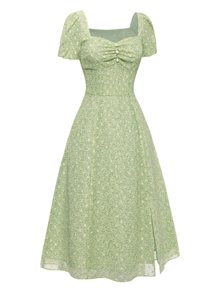 Green 1940s Sweetheart Ditsy Floral Dress — the kind of 1940s dress that makes strangers smile