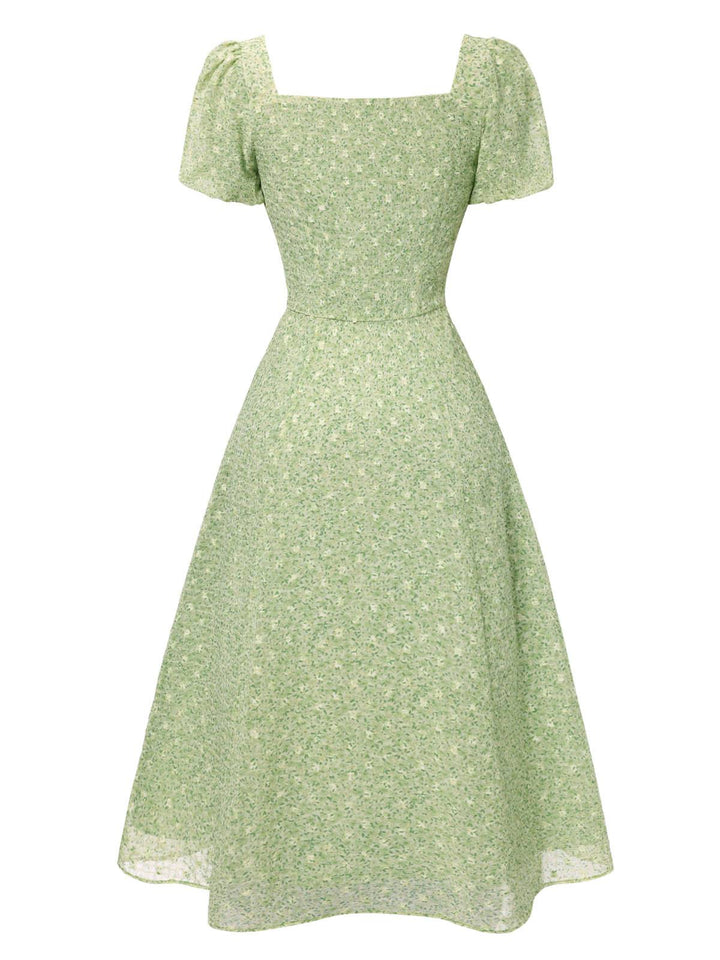 Green 1940s Sweetheart Ditsy Floral Dress — the kind of 1940s dress that makes strangers smile