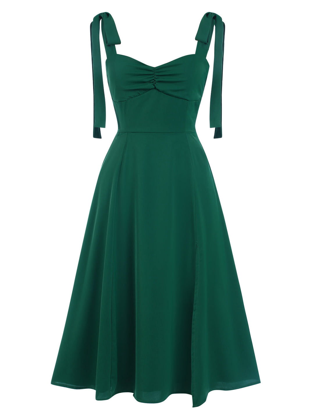 Green 1940s Sweetheart Neck Lace-Up Slit Dress, vintage dress, retro fashion, lace detail - perfect for women who love vintage and retro fashion