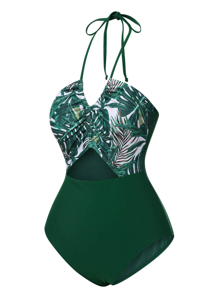 Green 1940s Tropical Hollow Out One-Piece Swimsuit: 1940s Riviera elegance, reimagined for her