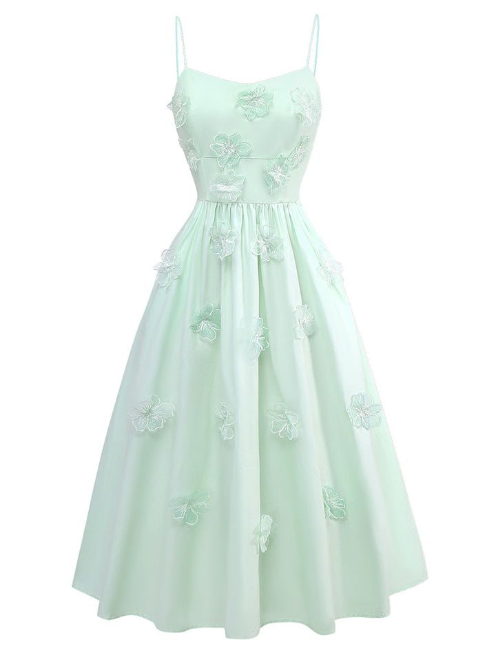 Green 1940s U-Neck Solid Jacquard Pure Cotton Dress - vintage dress, retro fashion