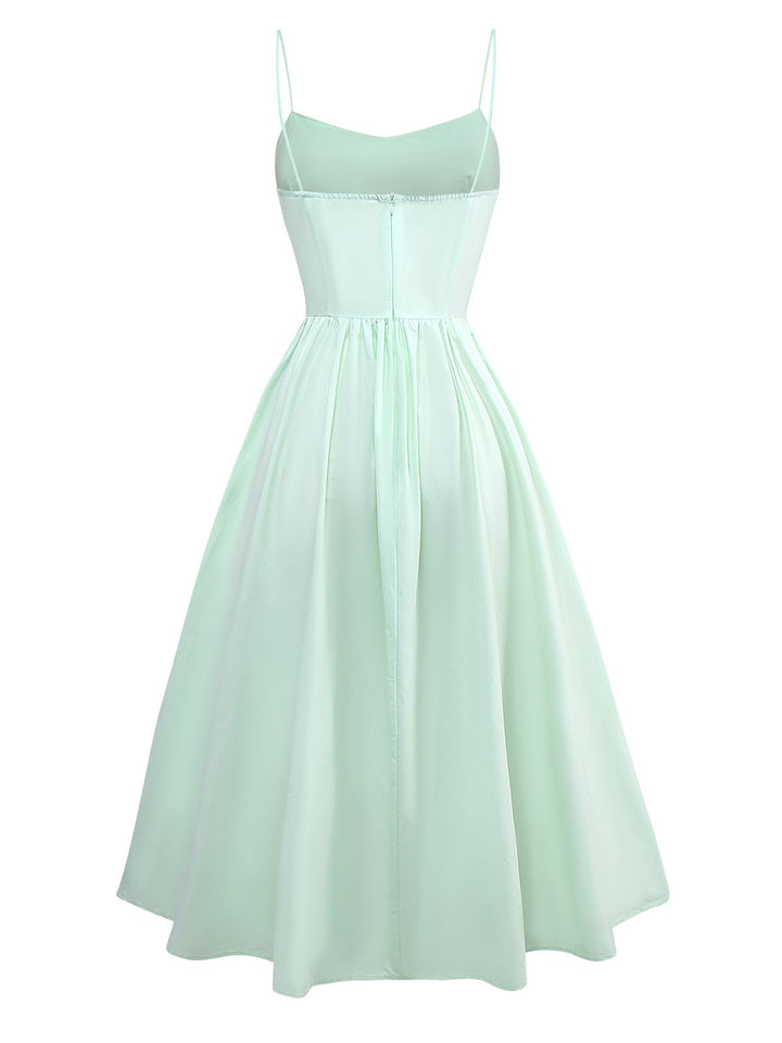Green 1940s U-Neck Solid Jacquard Pure Cotton Dress - vintage dress, retro fashion