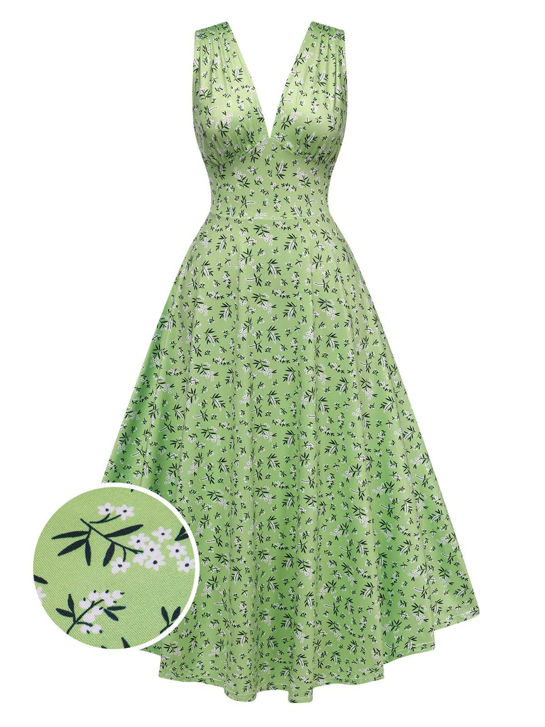 She slips into this Green 1940s V-Neck Ditsy Floral Dress and suddenly it&