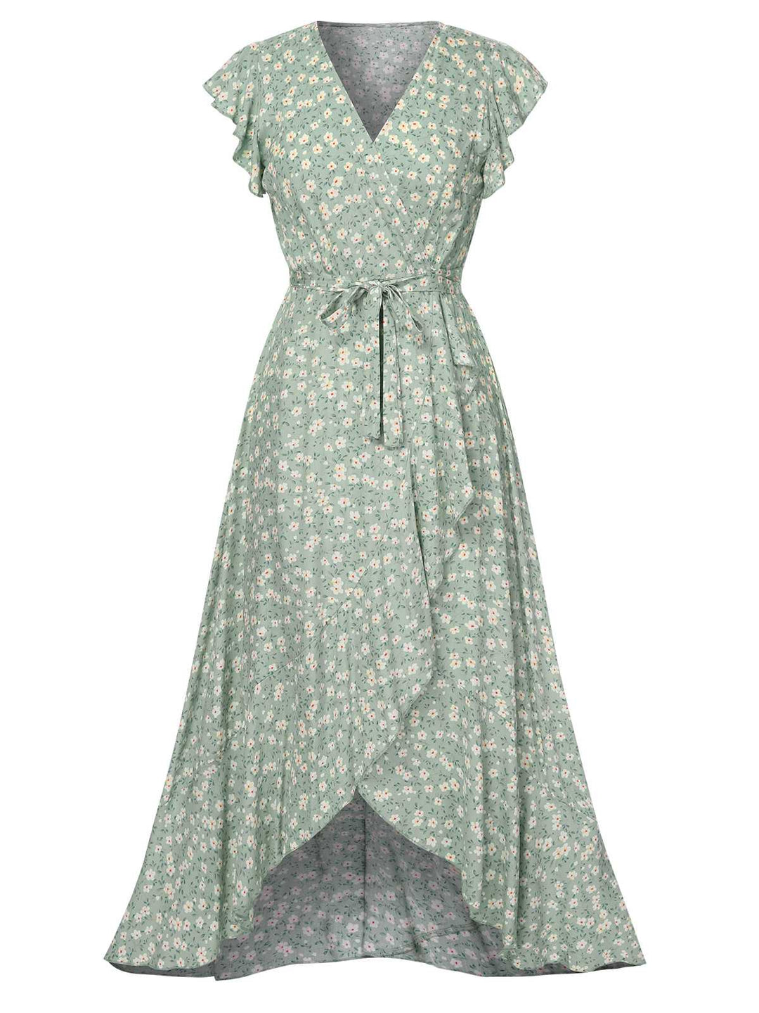 She slips into this Green 1940s V-Neck Ditsy Floral Irregular Hem Dress and suddenly it&