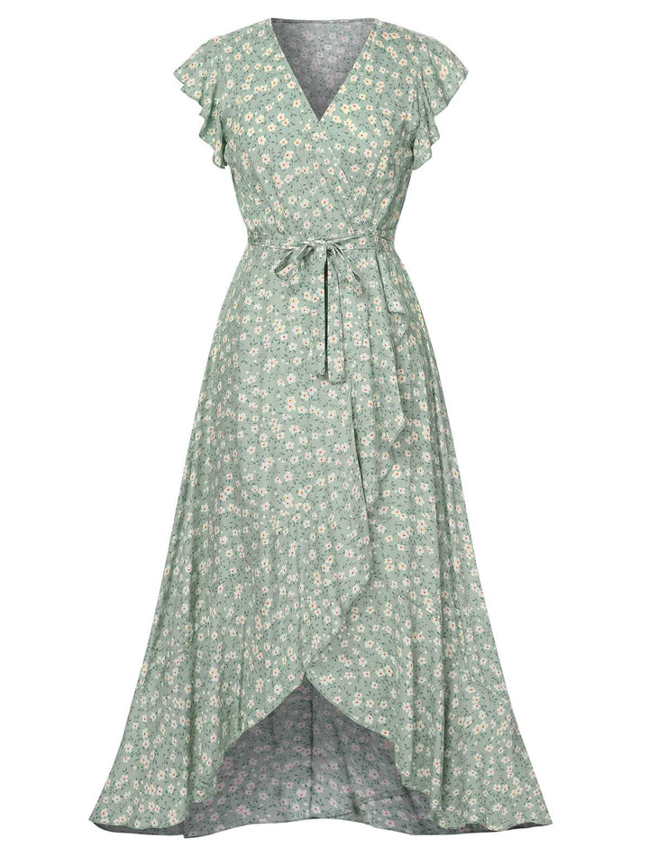She slips into this Green 1940s V-Neck Ditsy Floral Irregular Hem Dress and suddenly it&
