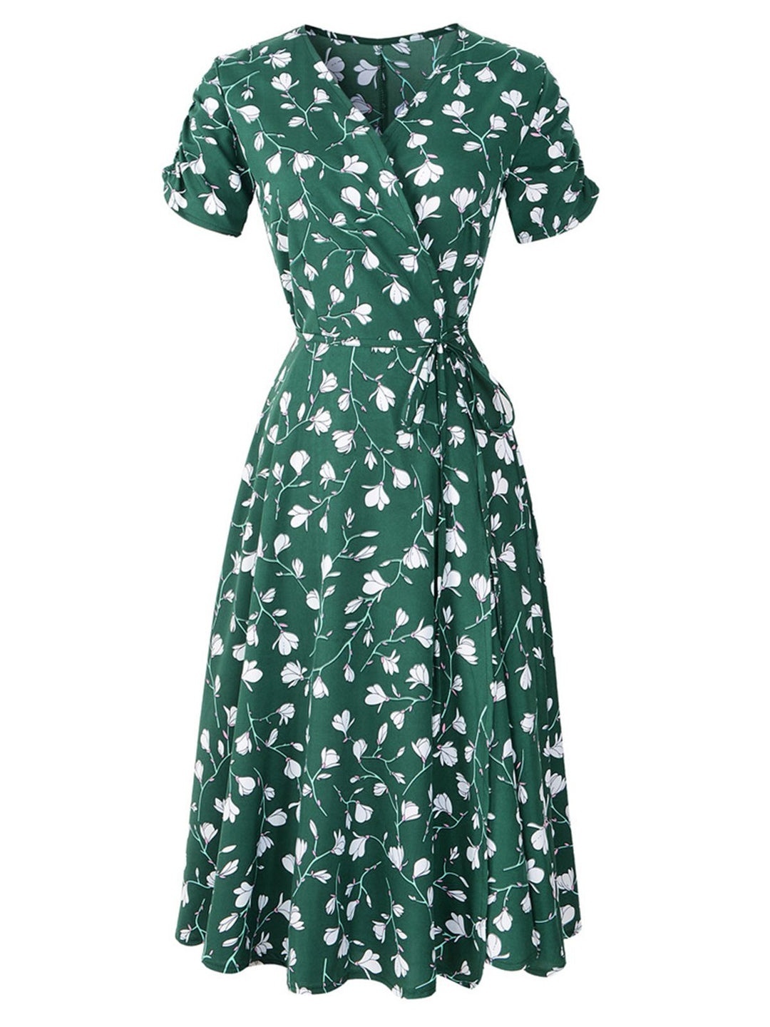 She slips into this Green 1940s V-Neck Floral Dress and suddenly it&