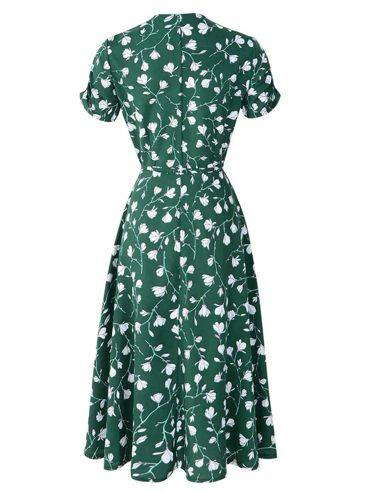 Green 1940s V-Neck Floral Dress: where 1940s romance meets her modern spirit