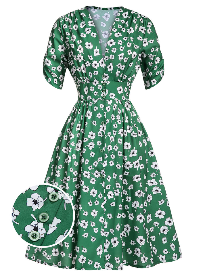 Green 1940s V-Neck Floral Dress, vintage dress, retro fashion, floral print - perfect for women who love vintage and retro fashion