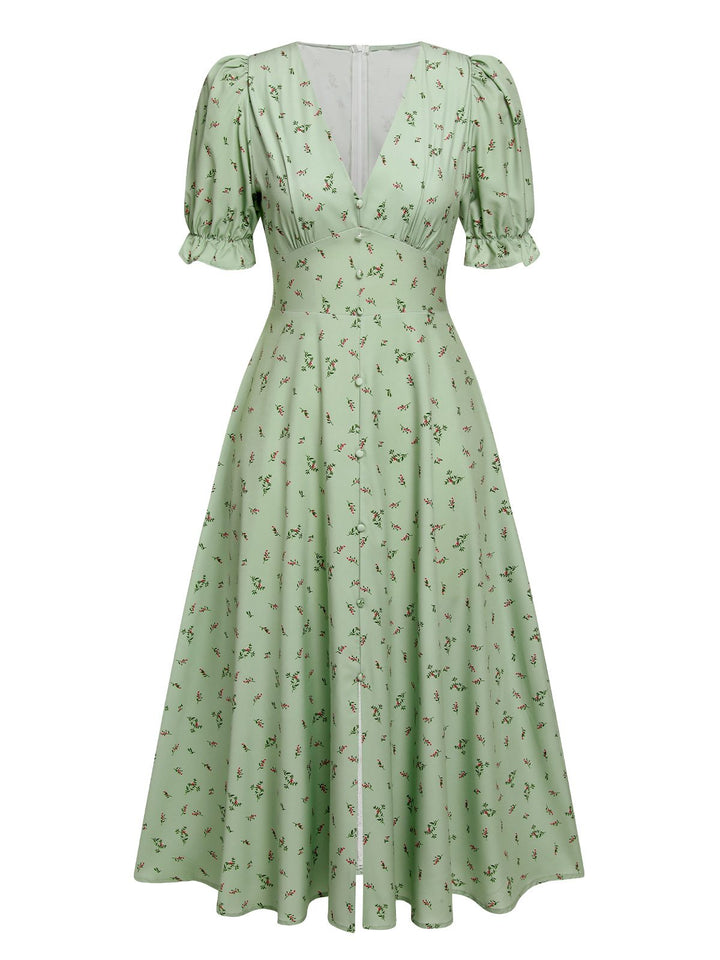 Green 1940s V-Neck Floral Lantern Sleeves Dress, vintage dress, retro fashion, floral print - perfect for women who love vintage and retro fashion