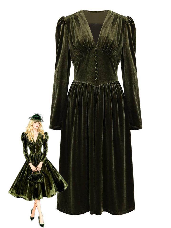 Green 1940s Velvet Deep-V Puff Sleeve Ruched Dress - vintage dress, retro fashion