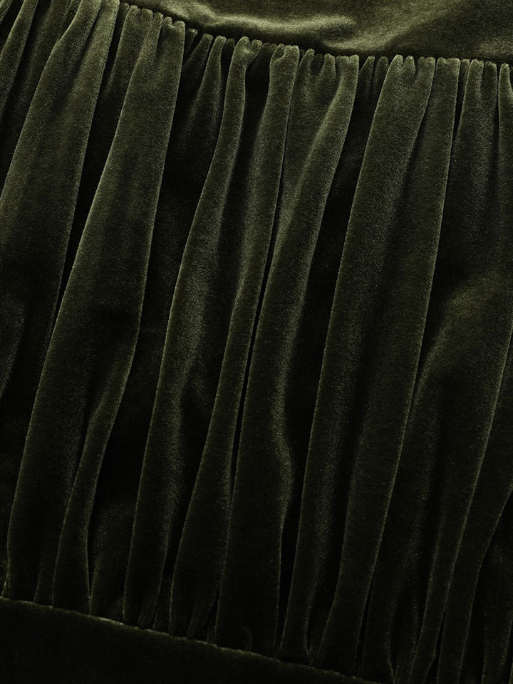 Green 1940s Velvet Deep-V Puff Sleeve Ruched Dress - vintage dress, retro fashion
