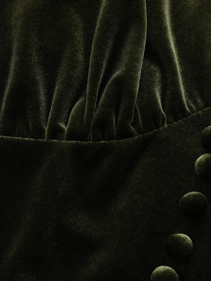 Green 1940s Velvet Deep-V Puff Sleeve Ruched Dress - vintage dress, retro fashion