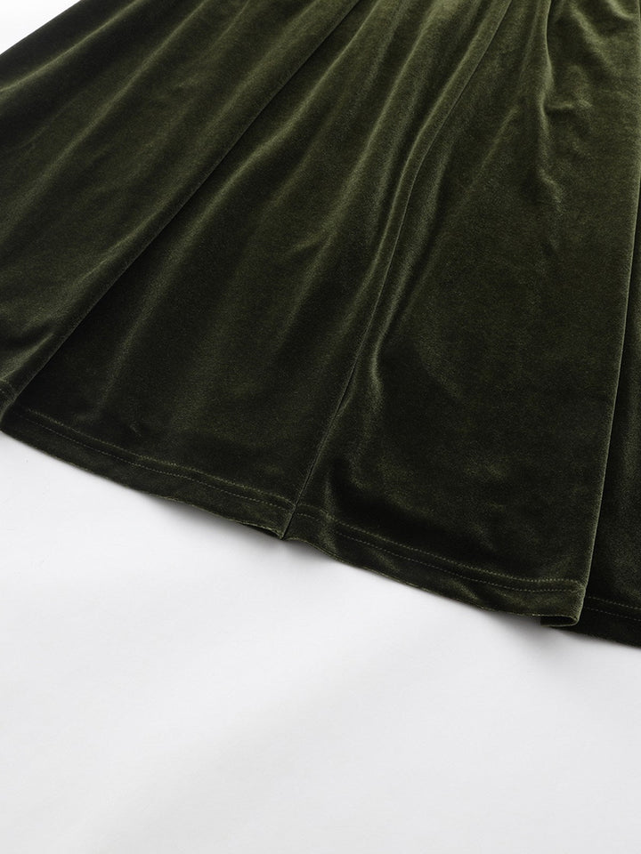 Green 1940s Velvet Deep-V Puff Sleeve Ruched Dress - vintage dress, retro fashion