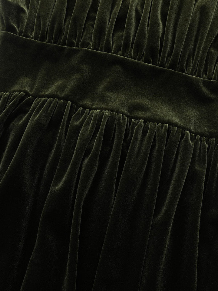 Green 1940s Velvet Deep-V Puff Sleeve Ruched Dress - vintage dress, retro fashion