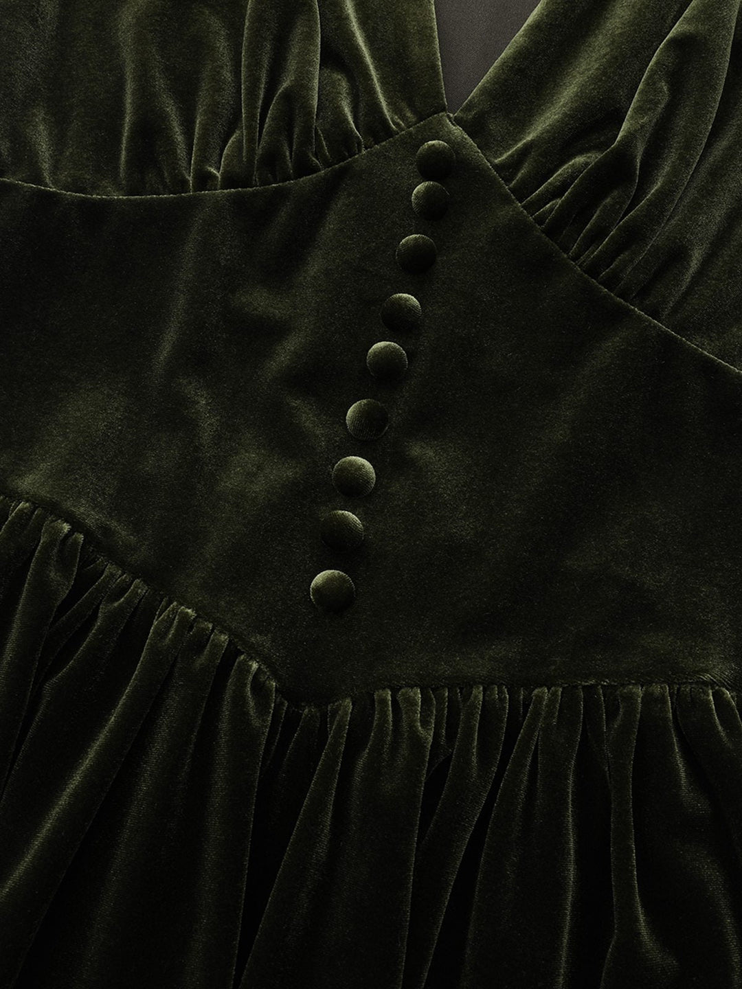 Green 1940s Velvet Deep-V Puff Sleeve Ruched Dress - vintage dress, retro fashion