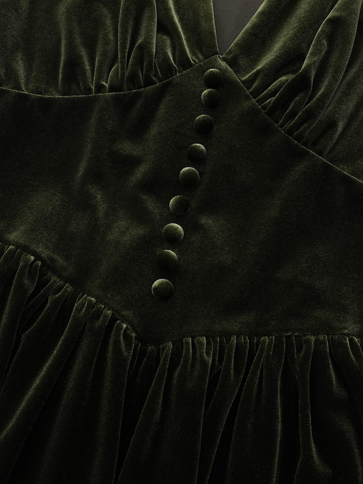 Green 1940s Velvet Deep-V Puff Sleeve Ruched Dress - vintage dress, retro fashion
