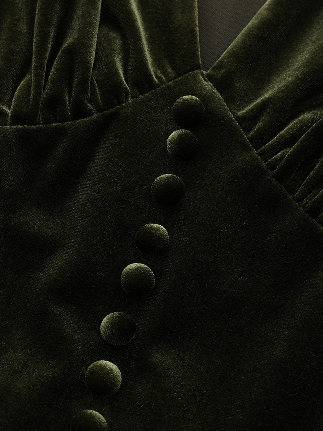 Green 1940s Velvet Deep-V Puff Sleeve Ruched Dress - vintage dress, retro fashion