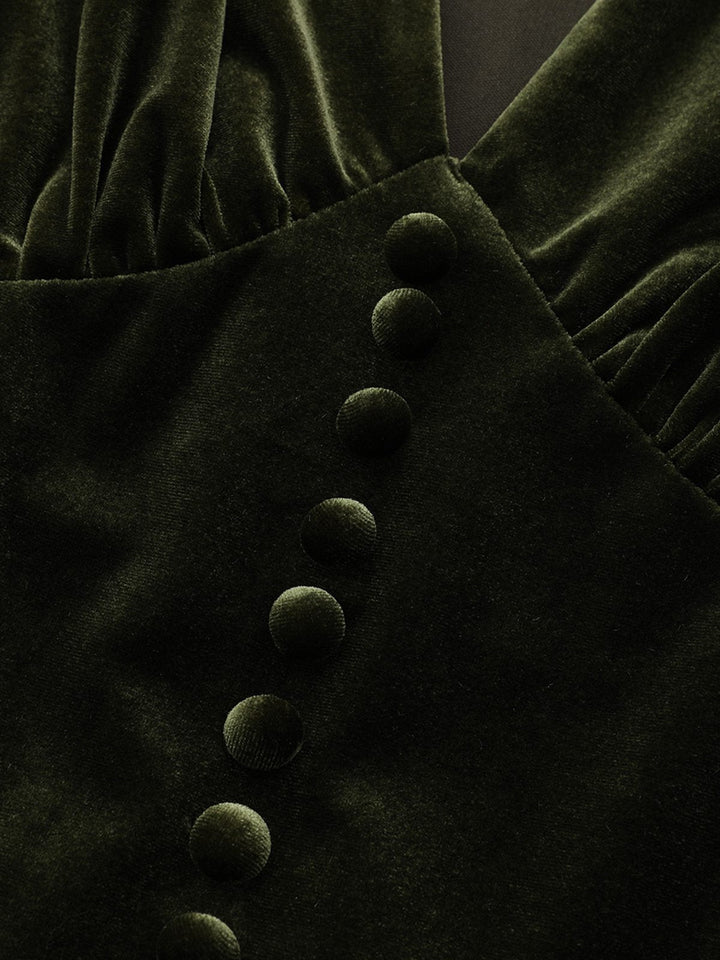 Green 1940s Velvet Deep-V Puff Sleeve Ruched Dress - vintage dress, retro fashion