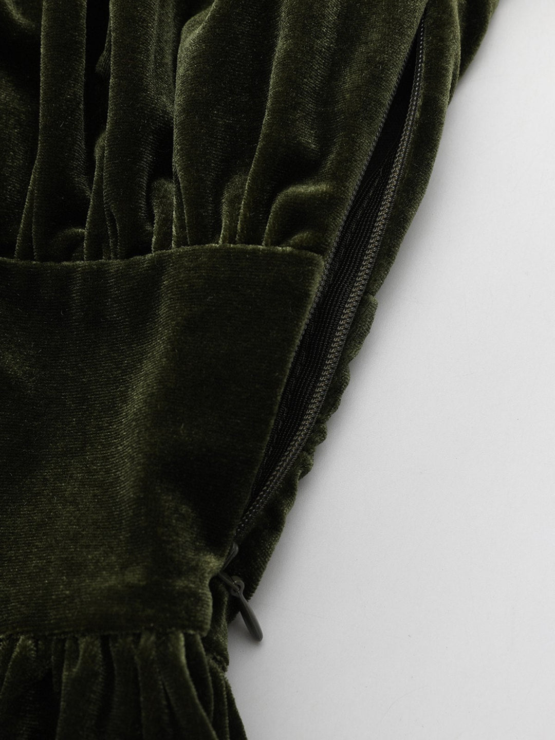 Green 1940s Velvet Deep-V Puff Sleeve Ruched Dress - vintage dress, retro fashion