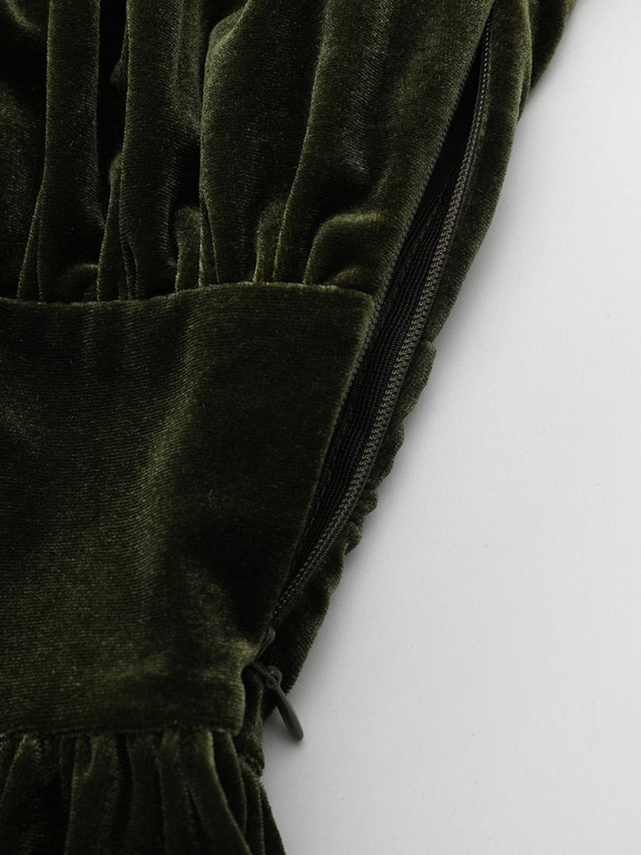Green 1940s Velvet Deep-V Puff Sleeve Ruched Dress - vintage dress, retro fashion