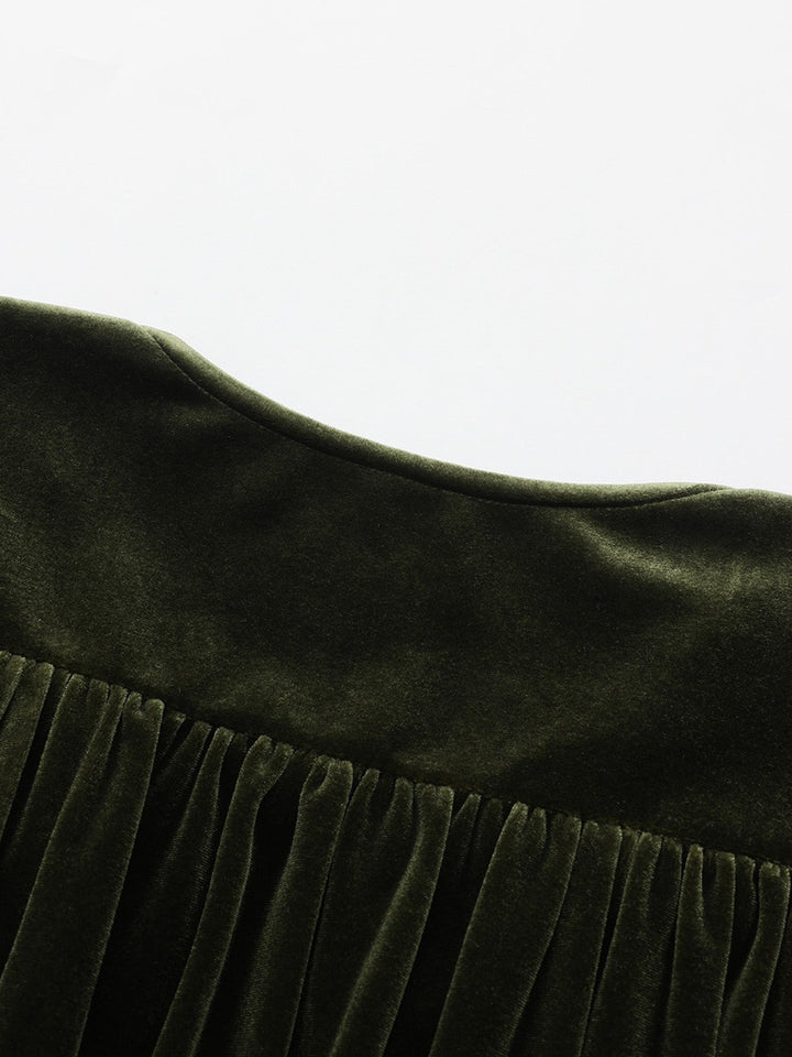 Green 1940s Velvet Deep-V Puff Sleeve Ruched Dress - vintage dress, retro fashion