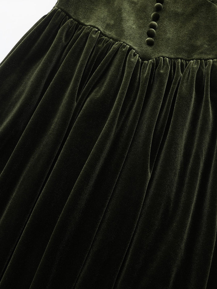 Green 1940s Velvet Deep-V Puff Sleeve Ruched Dress - vintage dress, retro fashion