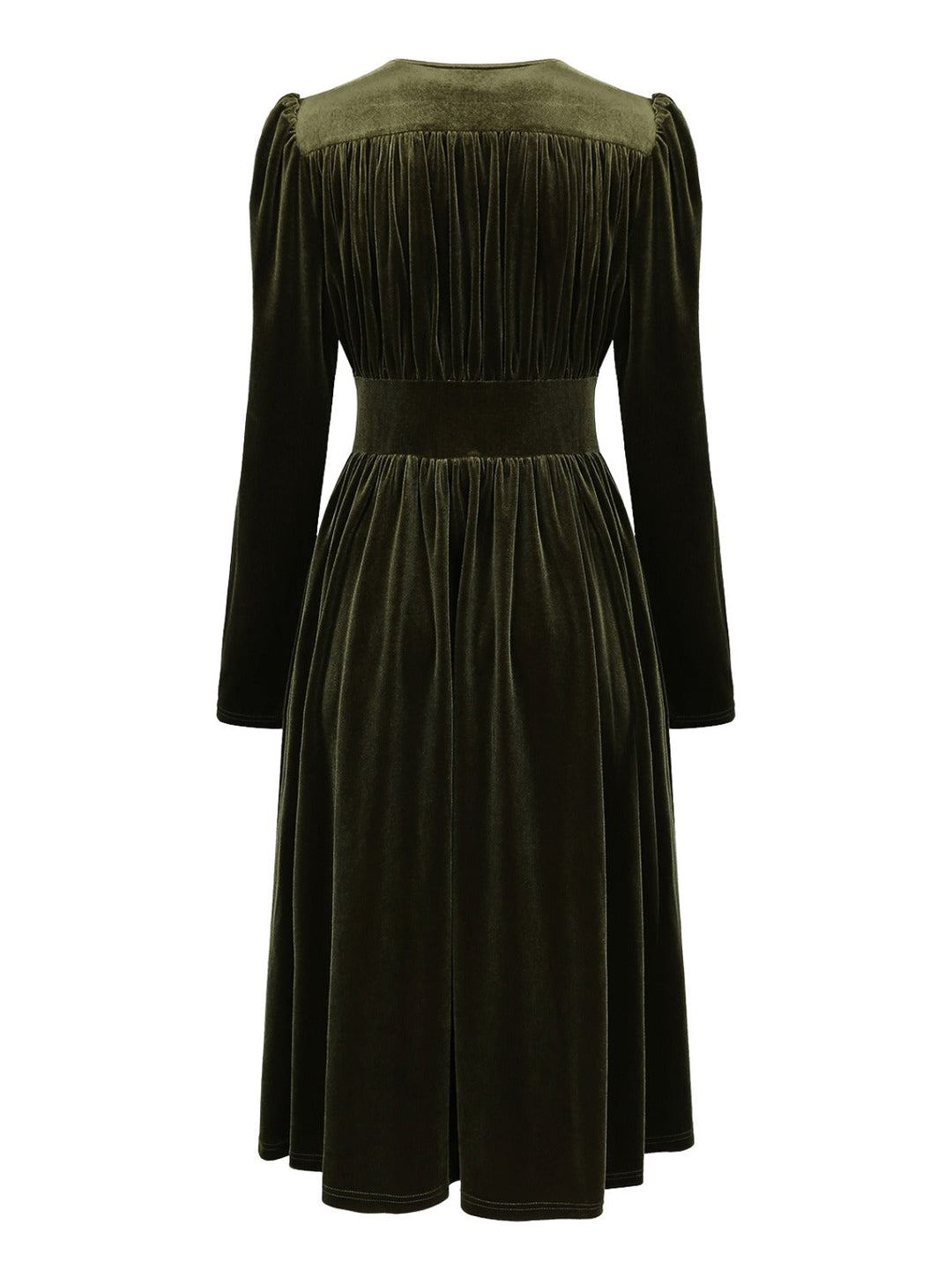 Green 1940s Velvet Deep-V Puff Sleeve Ruched Dress - vintage dress, retro fashion