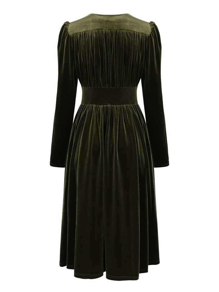 Green 1940s Velvet Deep-V Puff Sleeve Ruched Dress - vintage dress, retro fashion