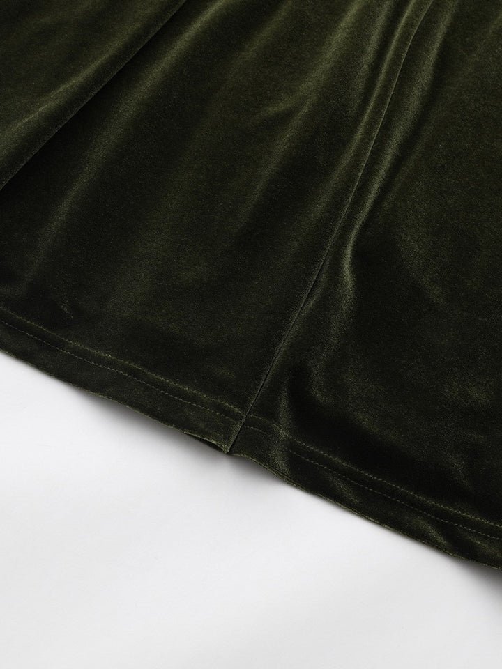 Green 1940s Velvet Deep-V Puff Sleeve Ruched Dress - vintage dress, retro fashion