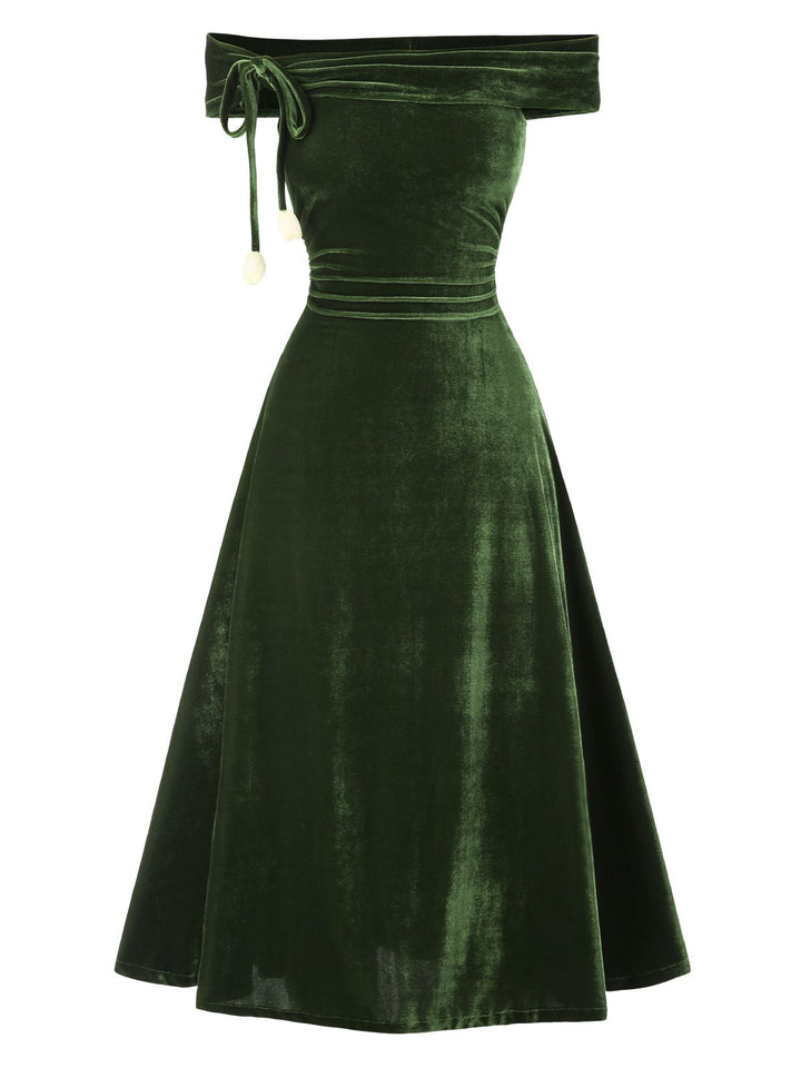 Green 1940s Velvet Ruched Off-Shoulder Bardot Dress, vintage dress, retro fashion - perfect for women who love vintage and retro fashion
