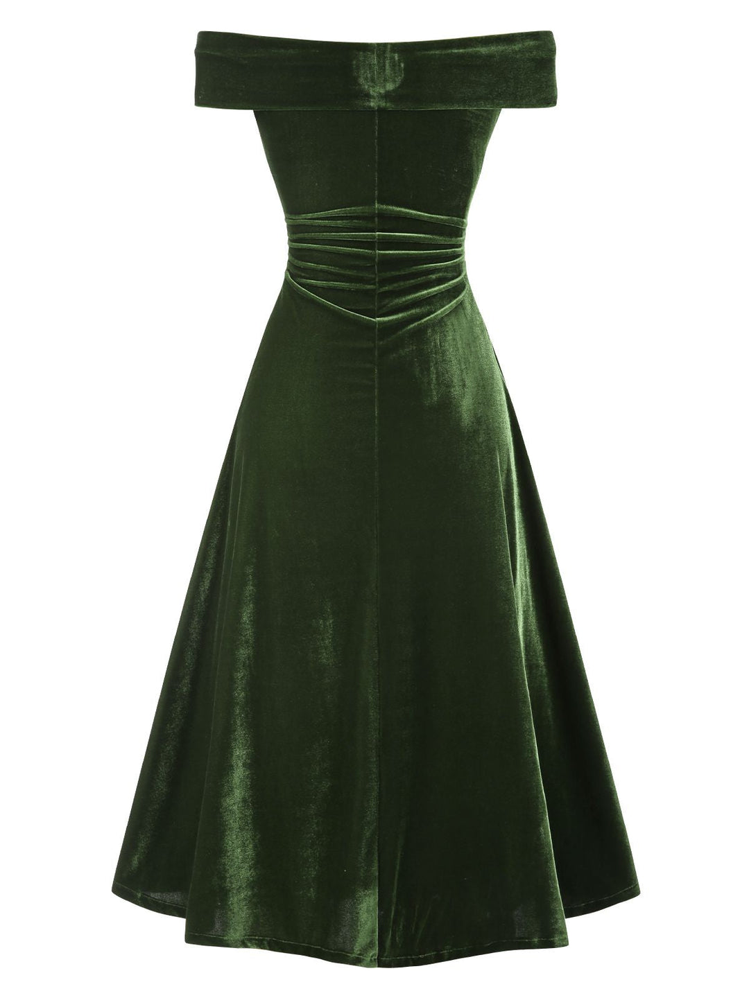 Green 1940s Velvet Ruched Off-Shoulder Bardot Dress, vintage dress, retro fashion - perfect for women who love vintage and retro fashion