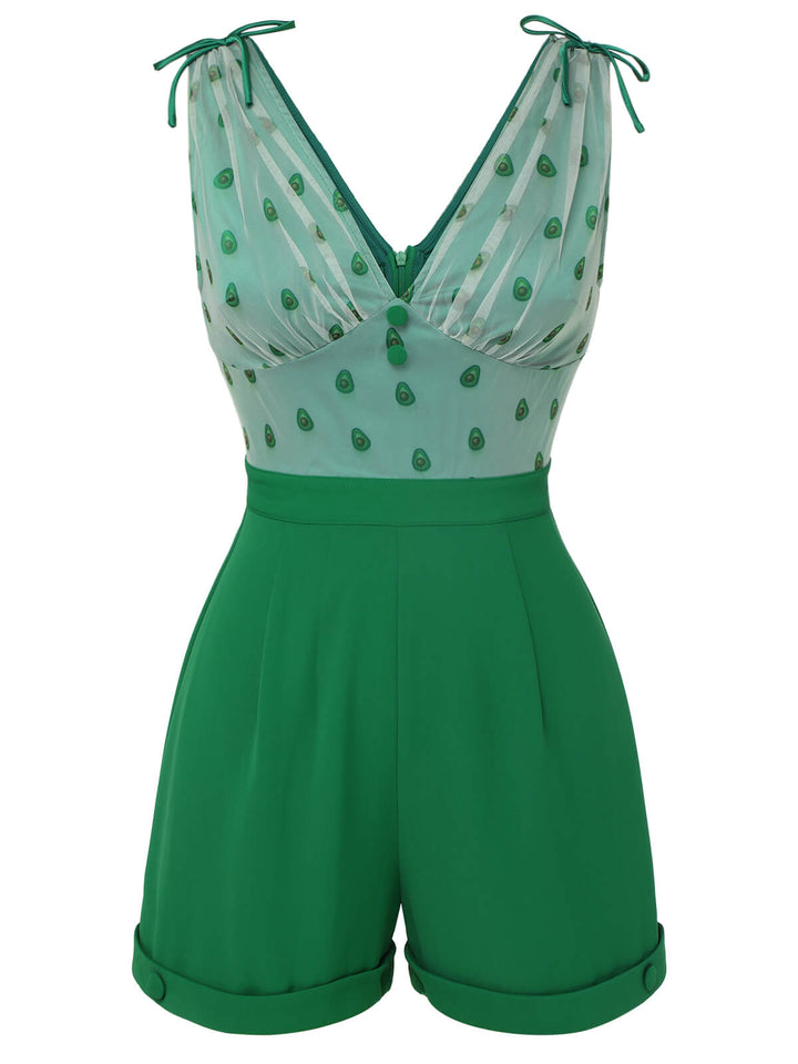 Green 1950s Avocado Mesh V-Neck Romper, vintage romper, retro jumpsuit - perfect for women who love vintage and retro fashion