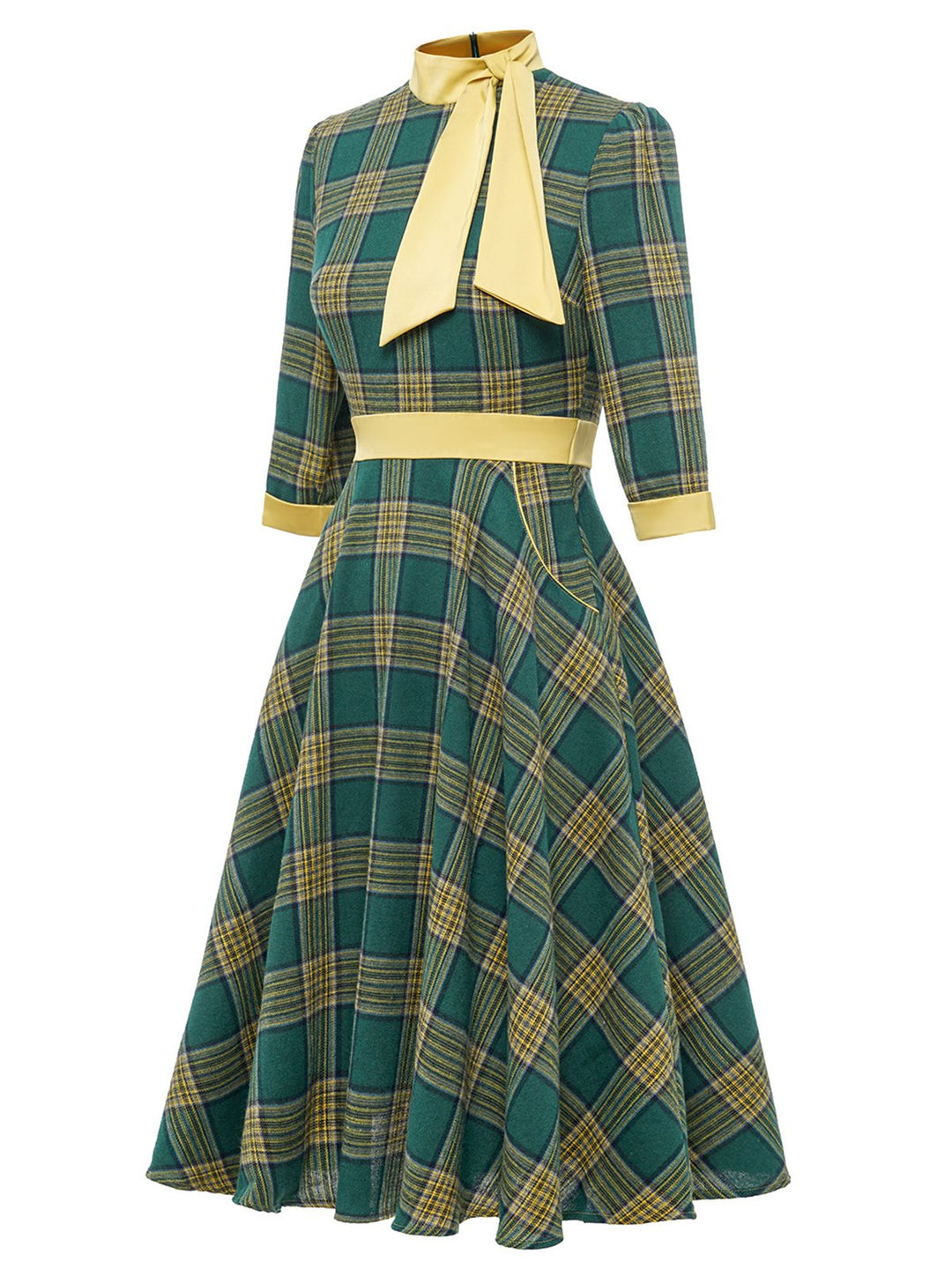 Green 1950s Bowknot Tie Plaid Dress — vintage elegance for the modern woman