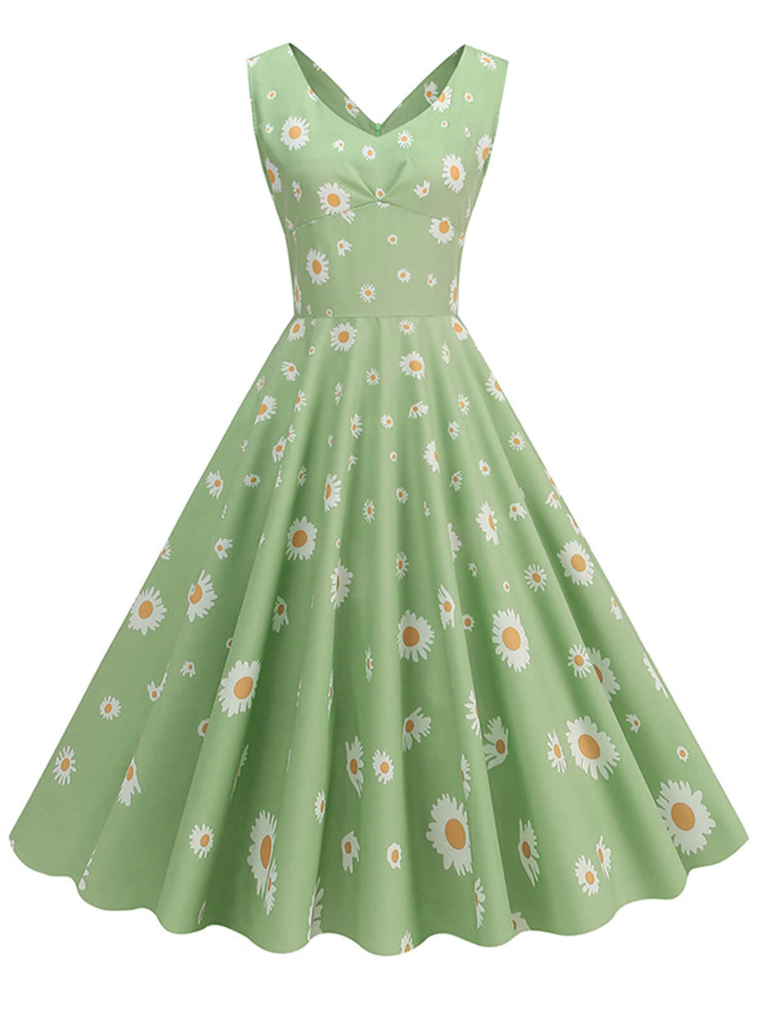 She slips into this Green 1950s Daisy V-Neck Swing Dress and suddenly it&