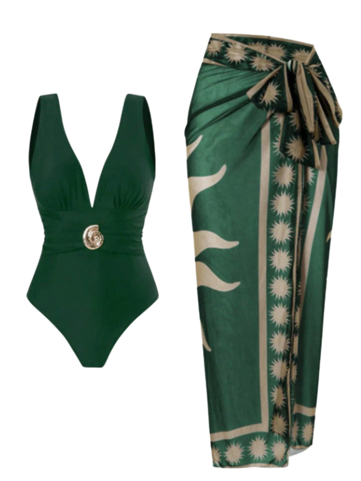 Green Deep V One-Piece Swimsuit &amp; Mesh Cover-Up - vintage swimsuit, swimwear for vintage lovers