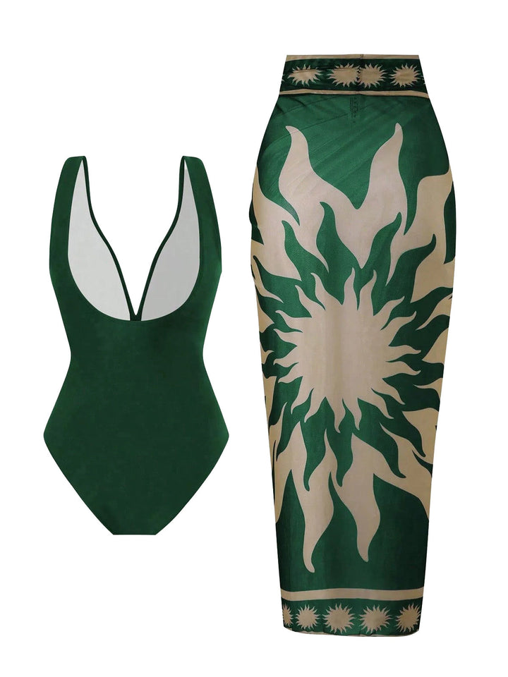 Green Deep V One-Piece Swimsuit &amp; Mesh Cover-Up - vintage swimsuit, swimwear for vintage lovers
