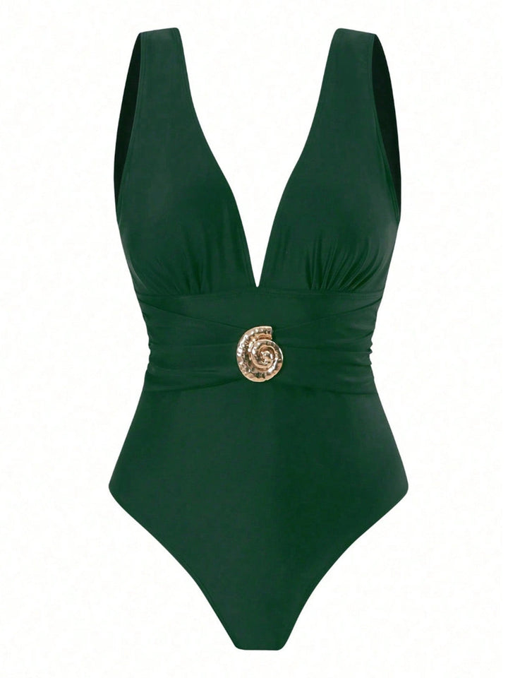 Green Deep V One-Piece Swimsuit &amp; Mesh Cover-Up - vintage swimsuit, swimwear for vintage lovers