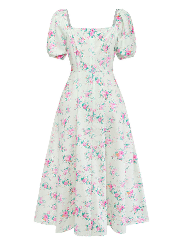 Green 1950s Floral Square Neck Dress 4