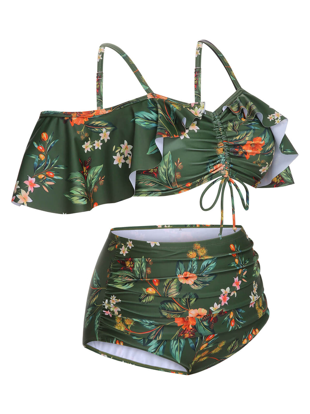[Plus Size] Green 1950s Floral Drawstring Swimsuit Set, vintage swimsuit, pin-up swimwear - perfect for women who love vintage and retro fashion