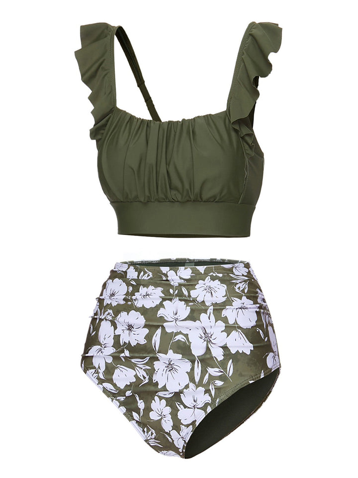 Green 1950s Floral Ruffles Pleated Swimsuit: 1950s Riviera elegance, reimagined for her