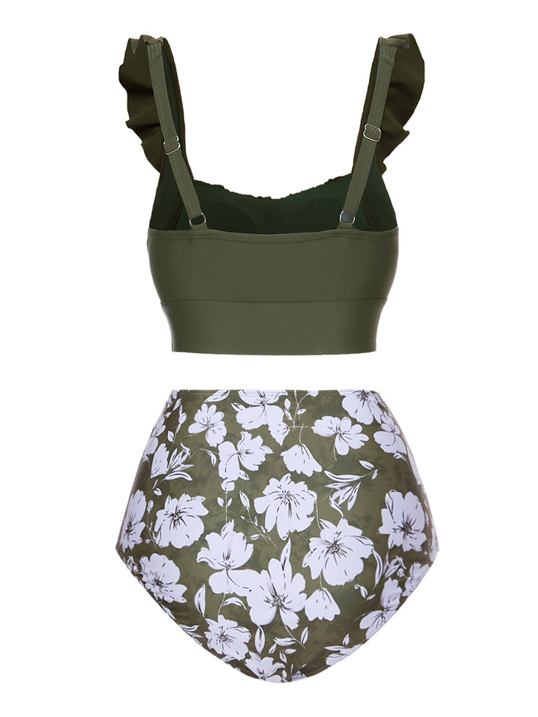 This Green 1950s Floral Ruffles Pleated Swimsuit carries 1950s vacation dreams in every stitch