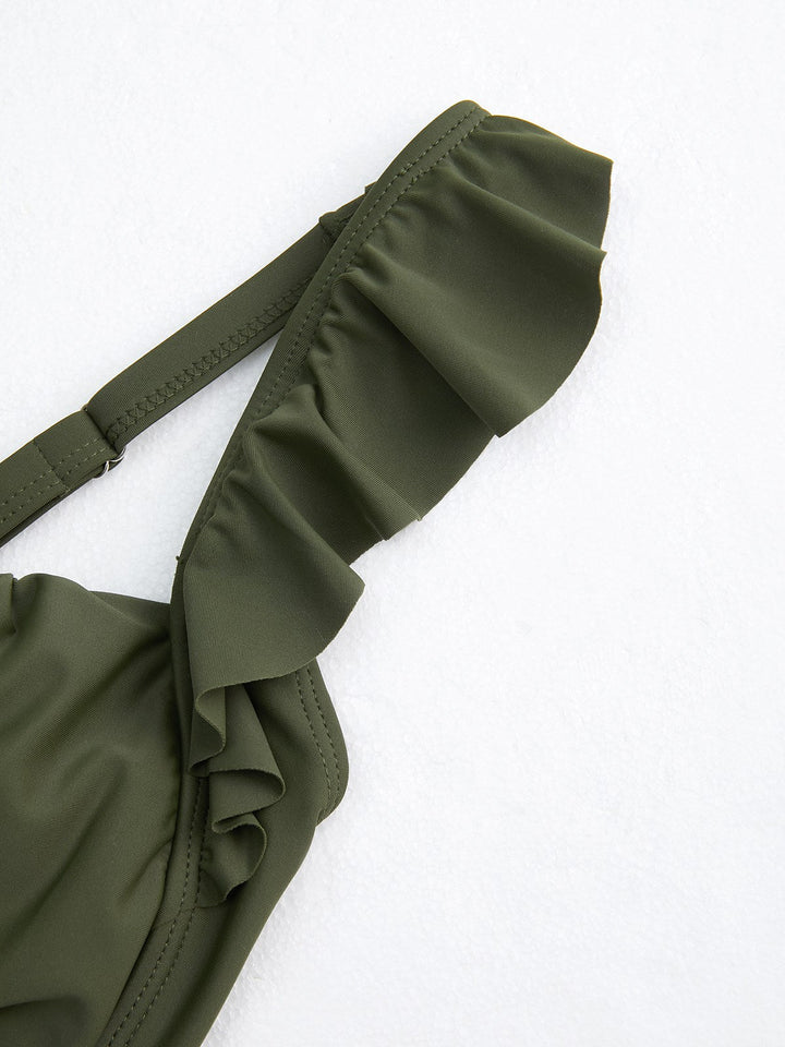 Green 1950s Floral Ruffles Pleated Swimsuit — 1950s poolside glamour meets sun-drenched confidence
