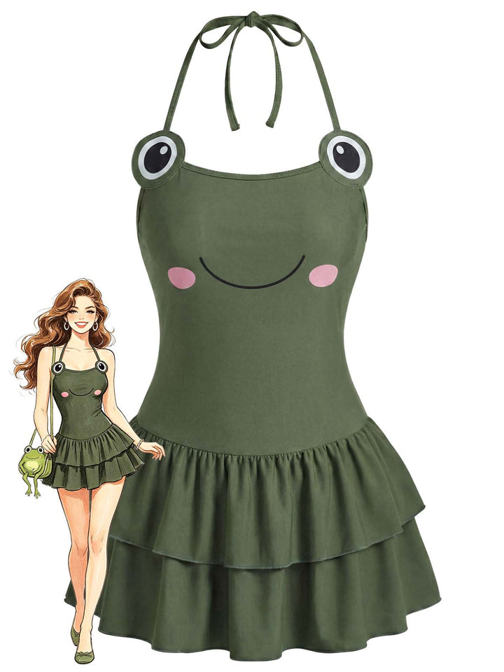[Pre-Sale] Green Frog Print Halter Ruffled One-Piece Swimdress - vintage dress, retro fashion,, fashion for vintage lovers