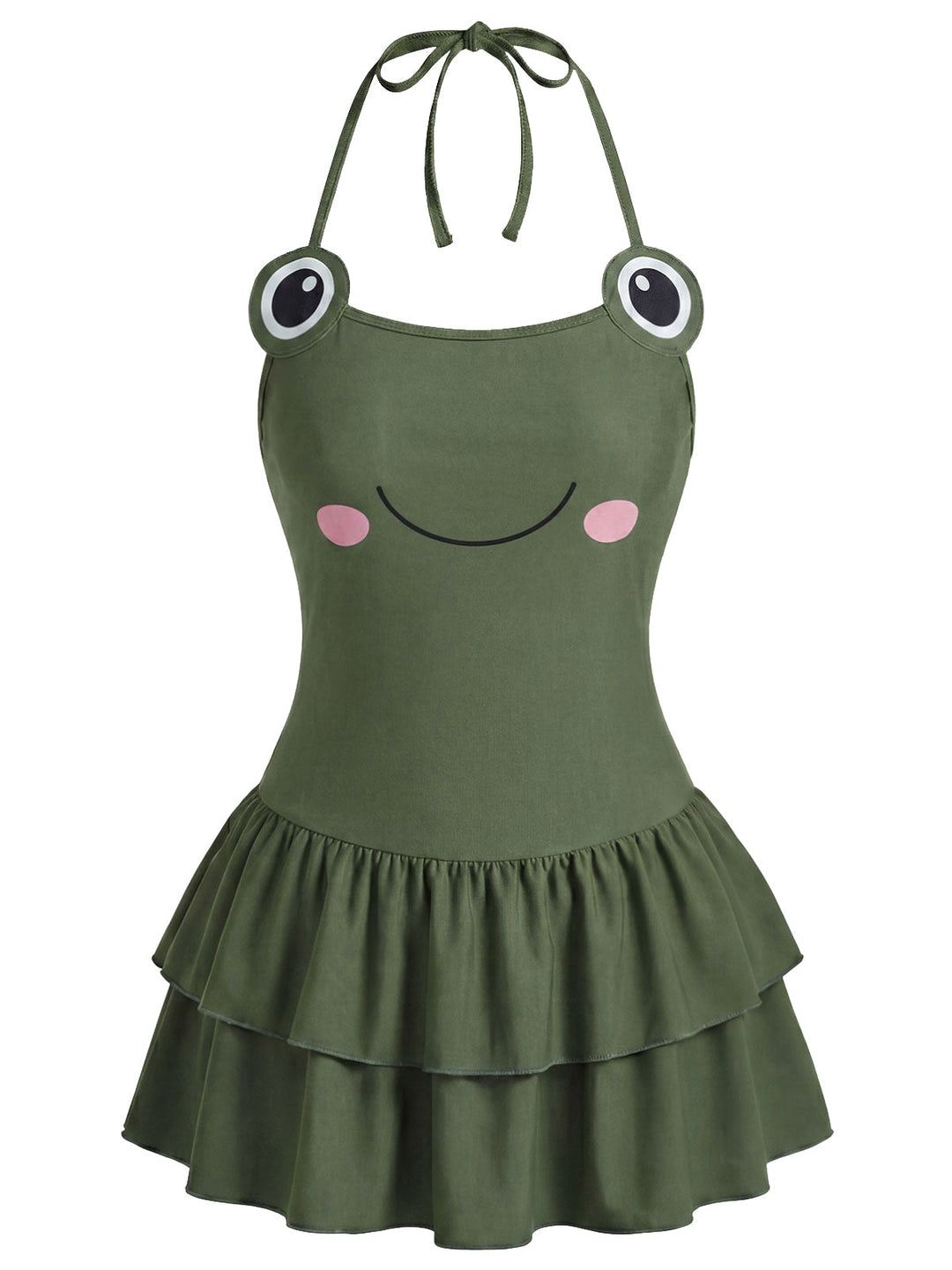 Army Green Halter Ruffle One-Piece Swimsuit 2