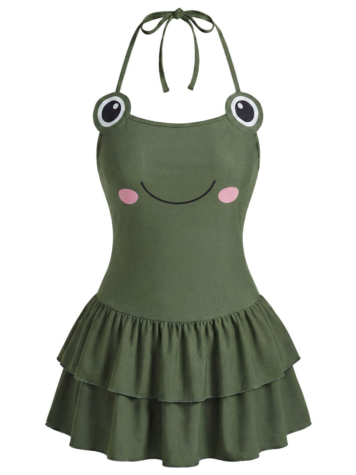 Army Green Halter Ruffle One-Piece Swimsuit 2